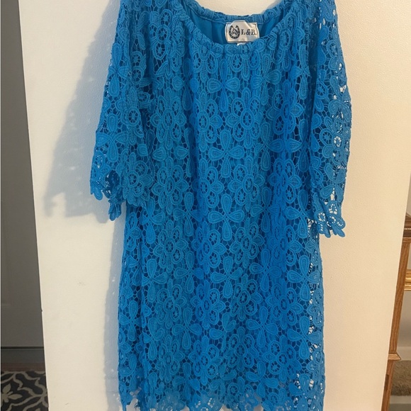 L&B Blue Sheath Dress with 3/4 Flutter Sleeves for Weddings - Picture 1 of 5